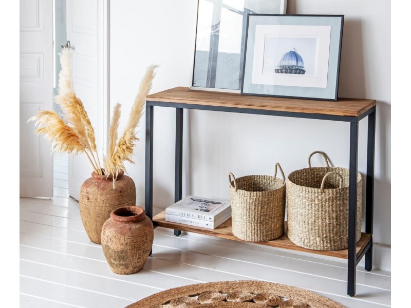 Consola auxiliar industrial negra de madera